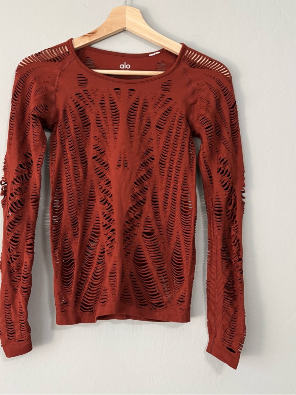 ALO Yoga Dark Orange Wanderer Open Knit Cut Out Athletic Top